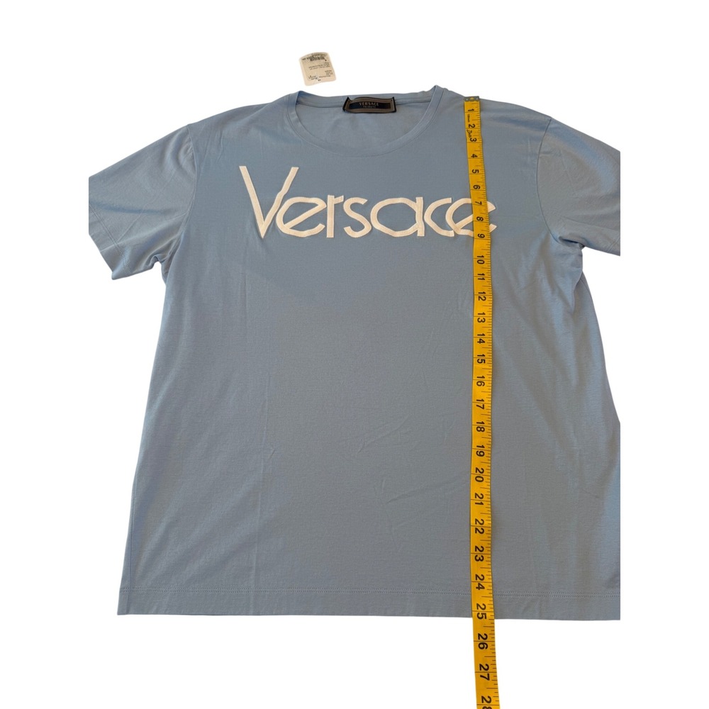 Versace Tribute Light Blue Embroidered Logo T-Shirt Size 40 Womens Short Sleeve